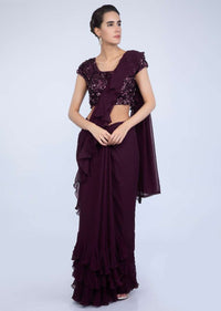 Plum Saree In Georgette With Ruffled Hem And Pallu Online - Kalki Fashion