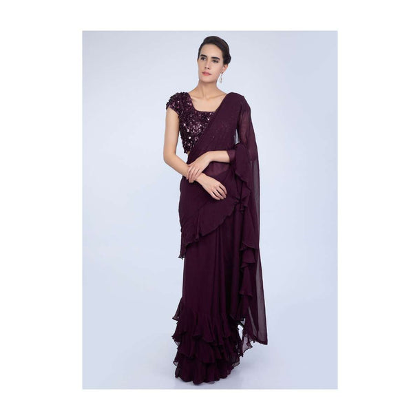 Plum Saree In Georgette With Ruffled Hem And Pallu Online - Kalki Fashion