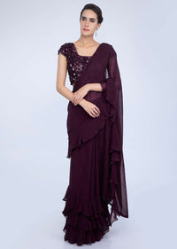 Plum Saree In Georgette With Ruffled Hem And Pallu Online - Kalki Fashion