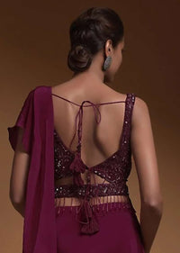 Plum Purple Crop Top With Cut Dana And Sequins Embellished Stripes And Floral Pattern