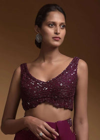 Plum Purple Crop Top With Cut Dana And Sequins Embellished Stripes And Floral Pattern