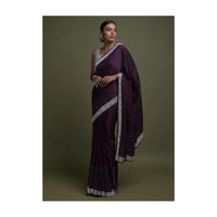 Plum Purple Saree In Satin Blend With Stone Work In Floral Pattern On The Border Online - Kalki Fashion