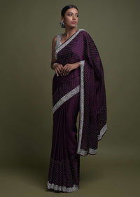 Plum Purple Saree In Satin Blend With Stone Work In Floral Pattern On The Border Online - Kalki Fashion