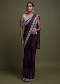 Plum Purple Saree In Satin Blend With Stone Work In Floral Pattern On The Border Online - Kalki Fashion