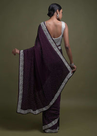 Plum Purple Saree In Satin Blend With Stone Work In Floral Pattern On The Border Online - Kalki Fashion