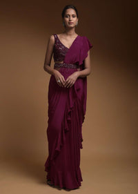 Hiba Nawab in Kalki Plum Ready Pleated Ruffle Saree In Crepe With Hand Embellished Crop Top