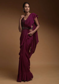 Hiba Nawab in Kalki Plum Ready Pleated Ruffle Saree In Crepe With Hand Embellished Crop Top