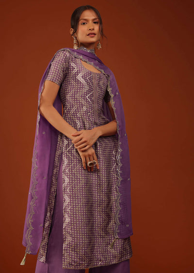 Plum Purple Uppada Silk Kurti Palazzo Set With Sequins Embroidery