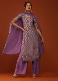 Plum Purple Uppada Silk Kurti Palazzo Set With Sequins Embroidery