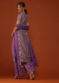 Plum Purple Uppada Silk Kurti Palazzo Set With Sequins Embroidery