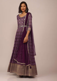 Plum Purple Anarkali Set in Georgette with Embroidered Belt And Dupatta