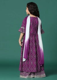 Plum Purple Bandhani Printed Kurta Palazzo Set With Flared Sleeves