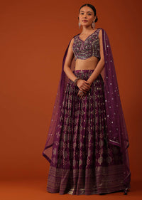 Plum Purple Bandhani Printed Lehenga And Blouse Set In Tussar Silk