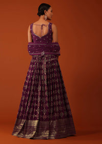 Plum Purple Bandhani Printed Lehenga And Blouse Set In Tussar Silk