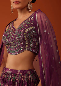 Plum Purple Bandhani Printed Lehenga And Blouse Set In Tussar Silk