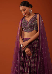 Plum Purple Bandhani Printed Lehenga And Blouse Set In Tussar Silk