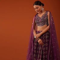 Plum Purple Bandhani Printed Lehenga And Blouse Set In Tussar Silk