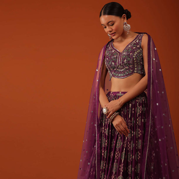 Plum Purple Bandhani Printed Lehenga And Blouse Set In Tussar Silk