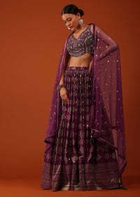 Plum Purple Bandhani Printed Lehenga And Blouse Set In Tussar Silk