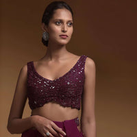 Plum Purple Crop Top With Cut Dana And Sequins Embellished Stripes And Floral Pattern