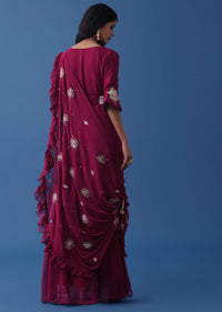 Plum Purple Embroidered Dress And Multiway Draped Dupatta In Georgette