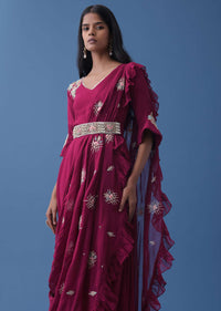 Plum Purple Embroidered Dress And Multiway Draped Dupatta In Georgette