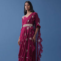 Plum Purple Embroidered Dress And Multiway Draped Dupatta In Georgette