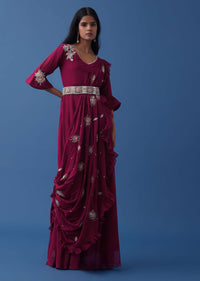 Plum Purple Embroidered Dress And Multiway Draped Dupatta In Georgette