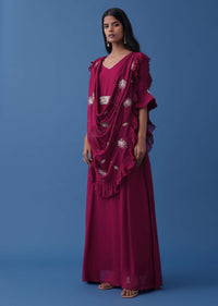 Plum Purple Embroidered Dress And Multiway Draped Dupatta In Georgette