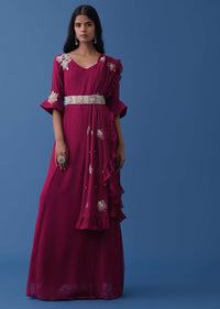 Plum Purple Embroidered Dress And Multiway Draped Dupatta In Georgette