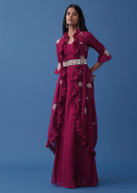 Plum Purple Embroidered Dress And Multiway Draped Dupatta In Georgette