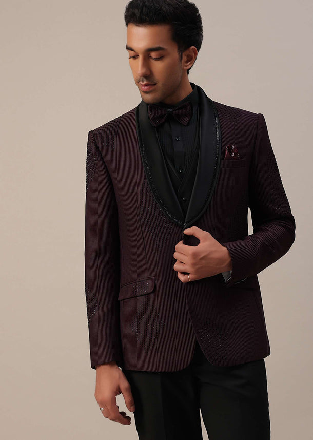 Plum Purple Stone Studded Tuxedo Set In Polyester