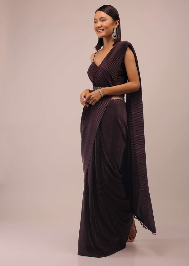 Plum Saree With Moti And Cut Dana Fringes Detailing On The Pallu And A Spaghetti Straps Crop Top With An Embroidered Belt In Fringes