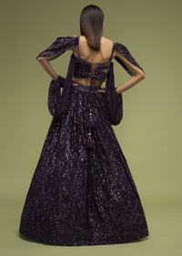 Plum Violet Lehenga And Crop Top In Velvet, Paired With A Cape Crafted In Net With Cuffs At The Border