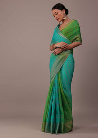 Poison Green Woven Ombre Saree In Organza