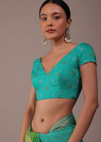 Poison Green Woven Ombre Saree In Organza