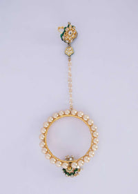 Polki kundan floral shape ring with attached kada adorn with cream pearls and jhumkas drop only on Kalki