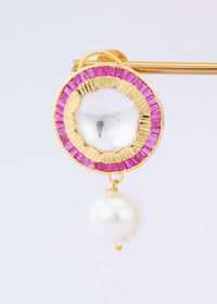 Polki Kundan Round Stud With White Pearl Drop Online - Kalki Fashion