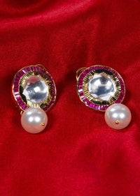 Polki Kundan Round Stud With White Pearl Drop Online - Kalki Fashion