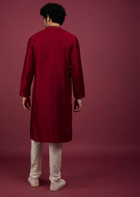 Blood Red Silk Kurta Set In Leather Work On Yoke