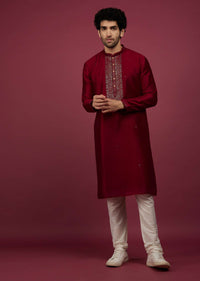 Blood Red Silk Kurta Set In Leather Work On Yoke