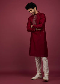 Blood Red Silk Kurta Set In Leather Work On Yoke