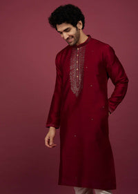 Blood Red Silk Kurta Set In Leather Work On Yoke