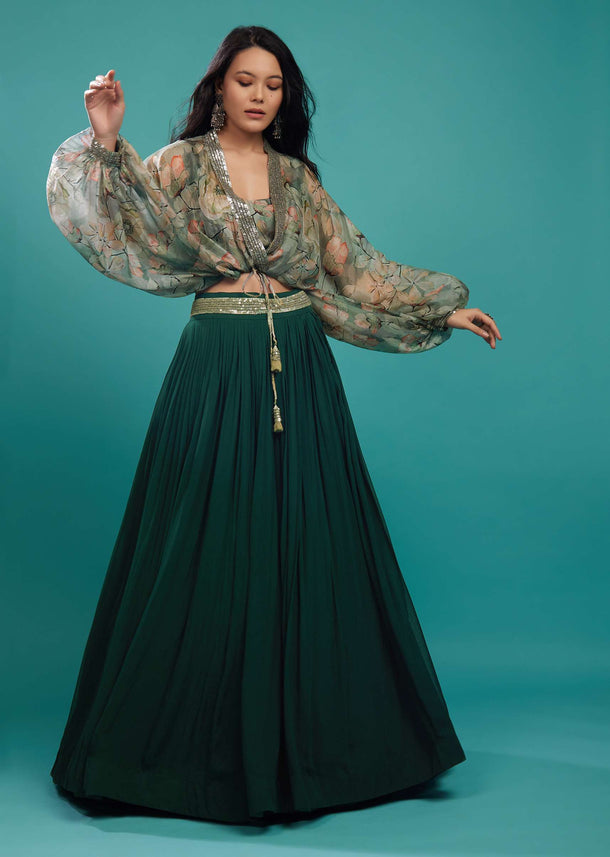 Deep Green Skirt And Printed Shrug Top