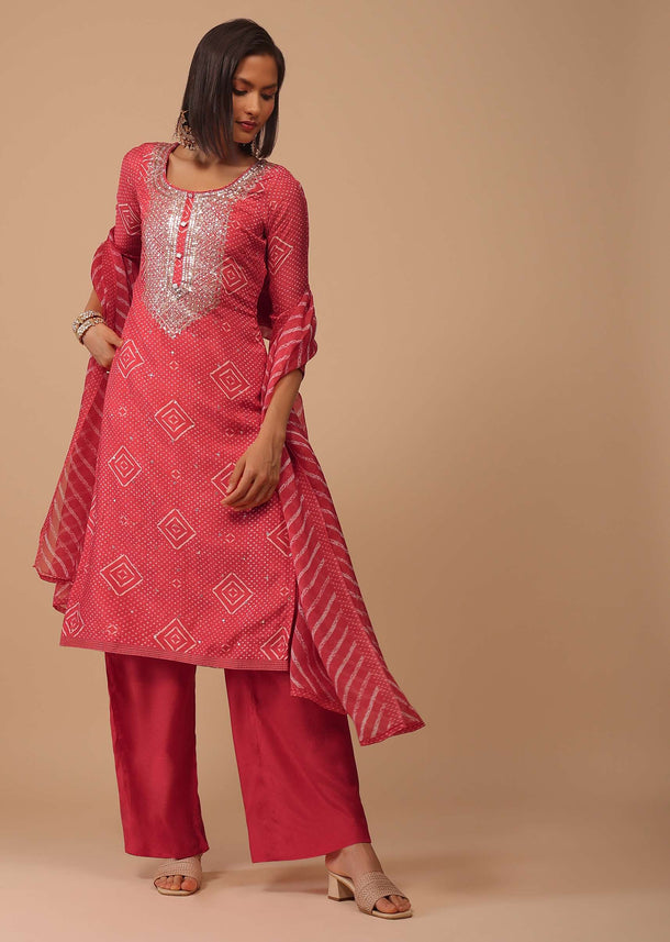 Valentine Red Embroidered Bandhani Printed Cotton Palazzo Suit With Leheriya Dupatta