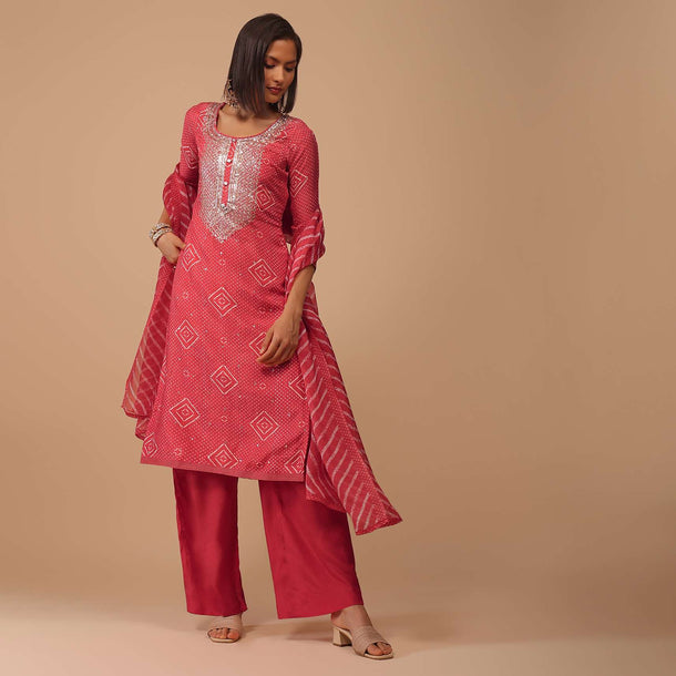 Valentine Red Embroidered Bandhani Printed Cotton Palazzo Suit With Leheriya Dupatta