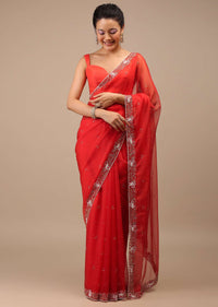 Poppy Red Organza Saree With Pink Resham Work, Cut Dana And Floral Embroidery Buttis