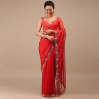 Poppy Red Organza Saree With Pink Resham Work, Cut Dana And Floral Embroidery Buttis