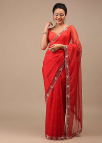 Poppy Red Organza Saree With Pink Resham Work, Cut Dana And Floral Embroidery Buttis