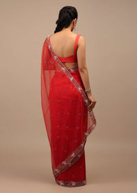 Poppy Red Organza Saree With Pink Resham Work, Cut Dana And Floral Embroidery Buttis